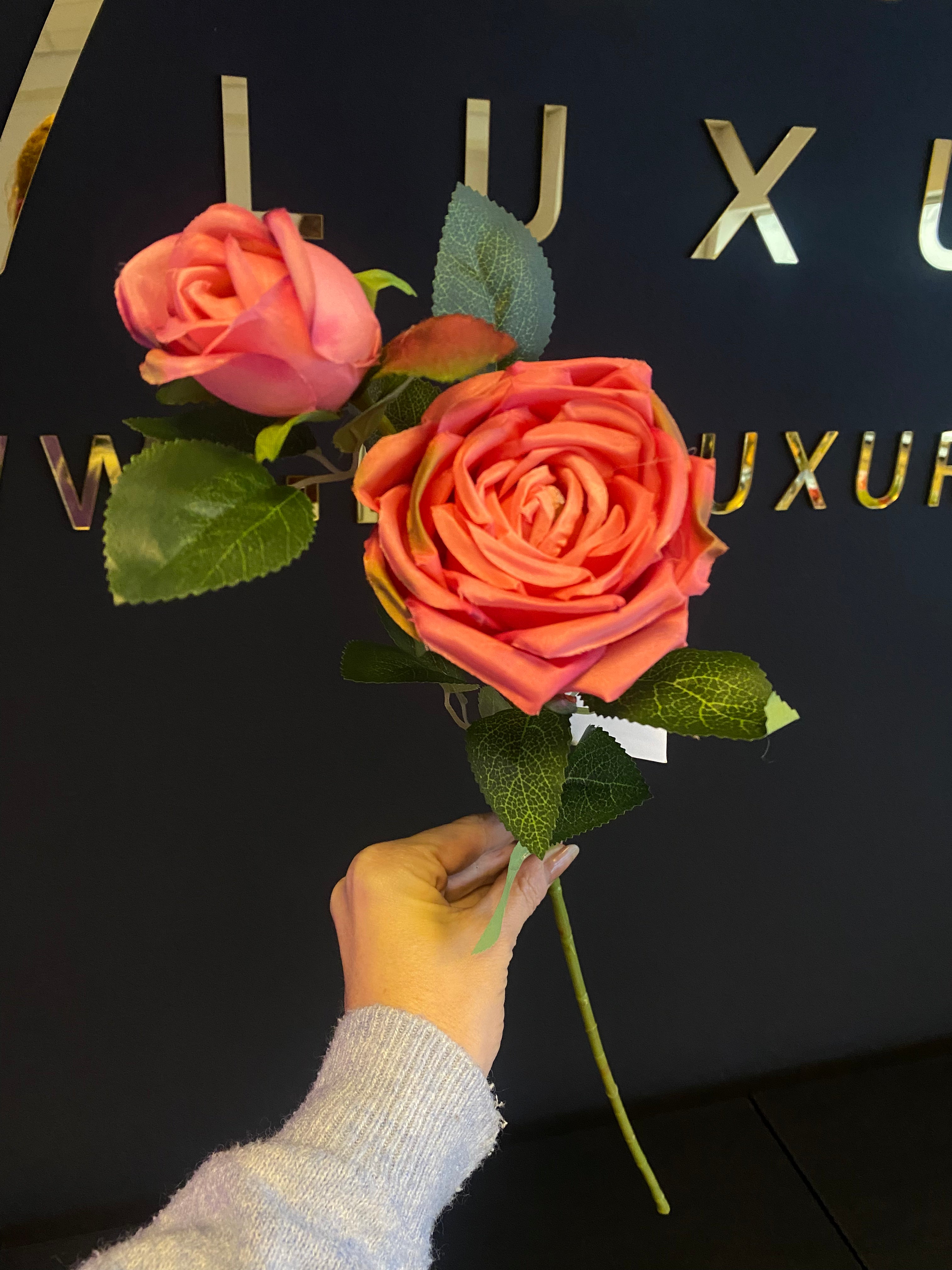 Koraal Kunstroos met Twee Bloemen – Luxe Kunstbloem 65cm