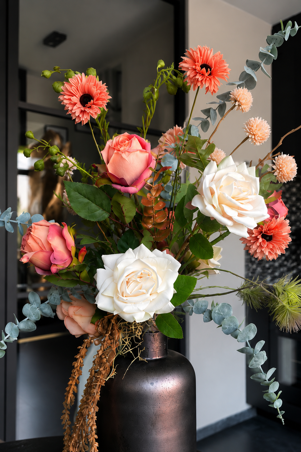 Luxe kunstbloemen arrangement in bronzen vaas met eucalyptus en zachte pasteltinten